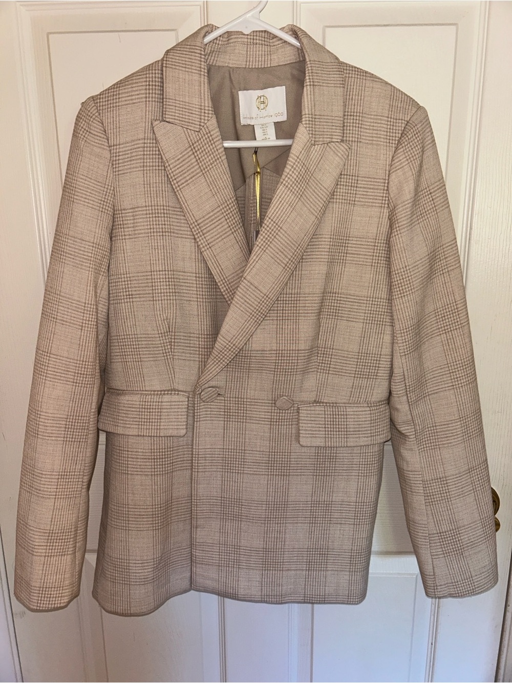 House of Harlow 1960 Pinky Beige Plaid Double-Breasted Suit Jacket